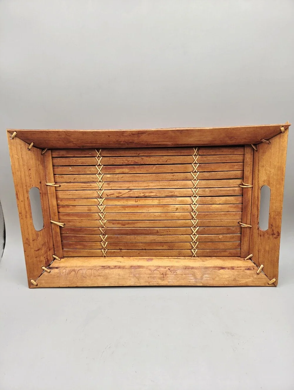Vintage Bamboo Wooden Serving Tray with Woven Slat Base